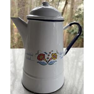 Vintage Berggren White Enamel Tea Coffee Pot Kettel Floral Design with Lid